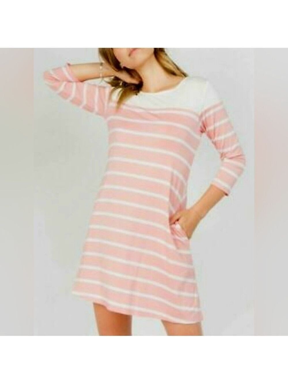 YELETE 3/4 Sleeve Tunic Length Striped Casual Mini Dress Medium - New With Tags